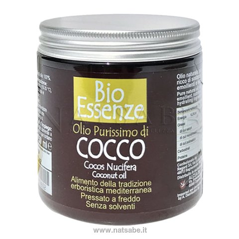 Bio Essenze - Olio Vegetale - Olio purissimo di Cocco - 250 ml | Oli vegetali di base |  Erboristeria Natsabe: vendita online | erbe officinali, tisane, integratori