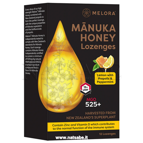 Melora - New Zealand Manula ltd - Miele di manuka - Manuka Honey Pastiglie con Manuka UMF15+, Propoli e Menta - 48 g | Miele di Manuka Caramelle |  Erboristeria Natsabe: vendita online | erbe officinali, tisane, integratori