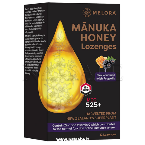 Melora - New Zealand Manula ltd - Manuka Honey - Manuka Honey Lozenges with Manuka UMF15+, Propolis and Blackcurrant - 48 g | Manuka Honey Candies | Erboristeria Natsabe: online selling