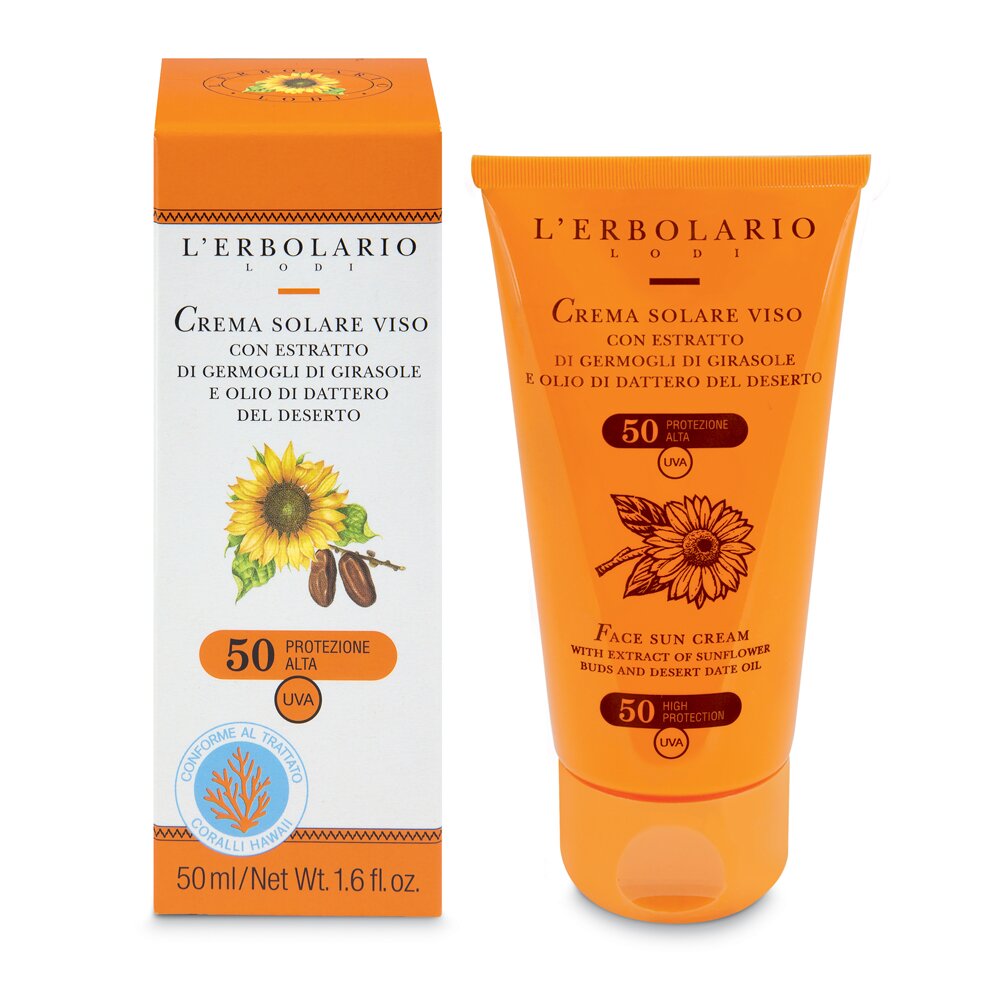 Solari PROTEZIONE 50 - Crema solare VISO con olio di dattero e Acido Ialuronico - 50 ml